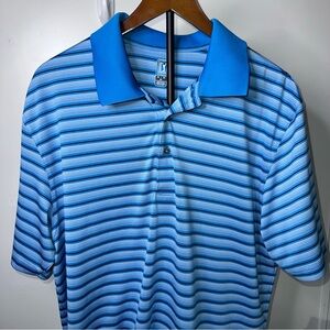 PGA Tour Light Blue and Navy Striped Polo Shirt